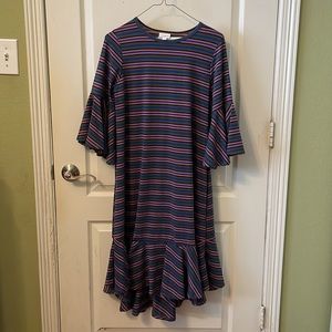 Grey LuLaRoe Maurine dress with pink and blue horizontal stripes. NWOT